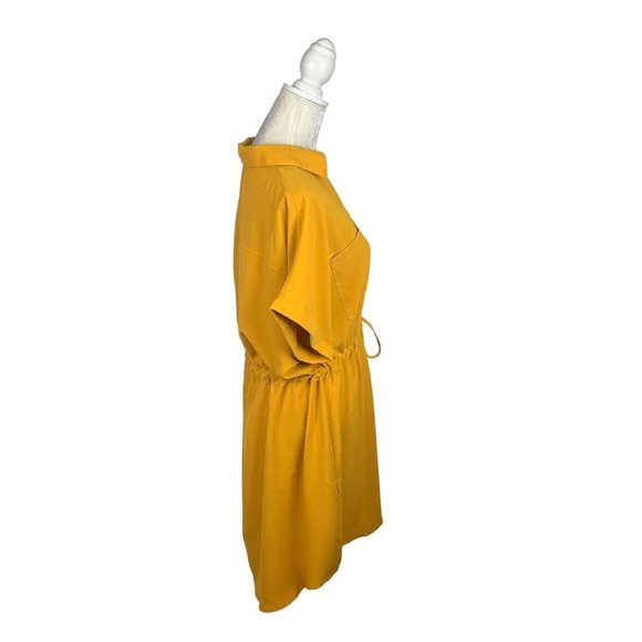Shein Mustard Yellow Shirtdress Button Up Drawstring Waist High Low Retro L - Picture 5 of 10